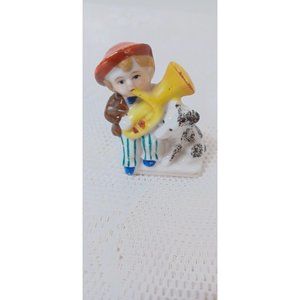 Vintage Occupied Japan Figurine Boy with yellow Trumpet  Instrument and dog